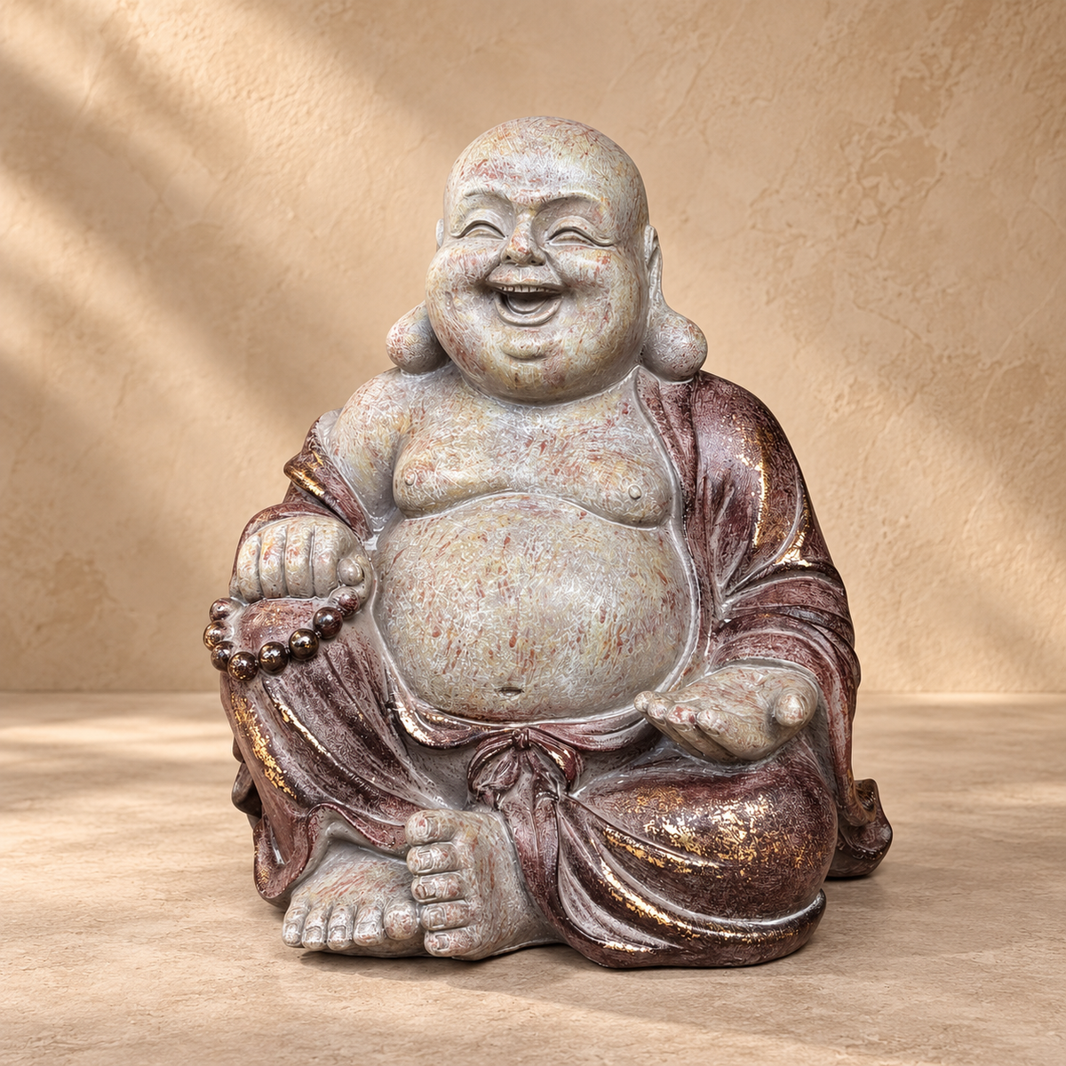 Handcrafted Laughing Buddha ceramic statue in antique cream and bronze finish, front view decorative home décor sculpture.