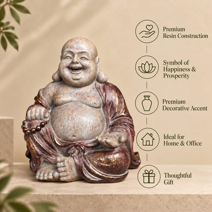 Laughing Buddha decorative sculpture with features infographic highlighting handcrafted finish, symbol of happiness and prosperity, premium decorative accent, ideal for home and office, and thoughtful gift for luxury home décor.