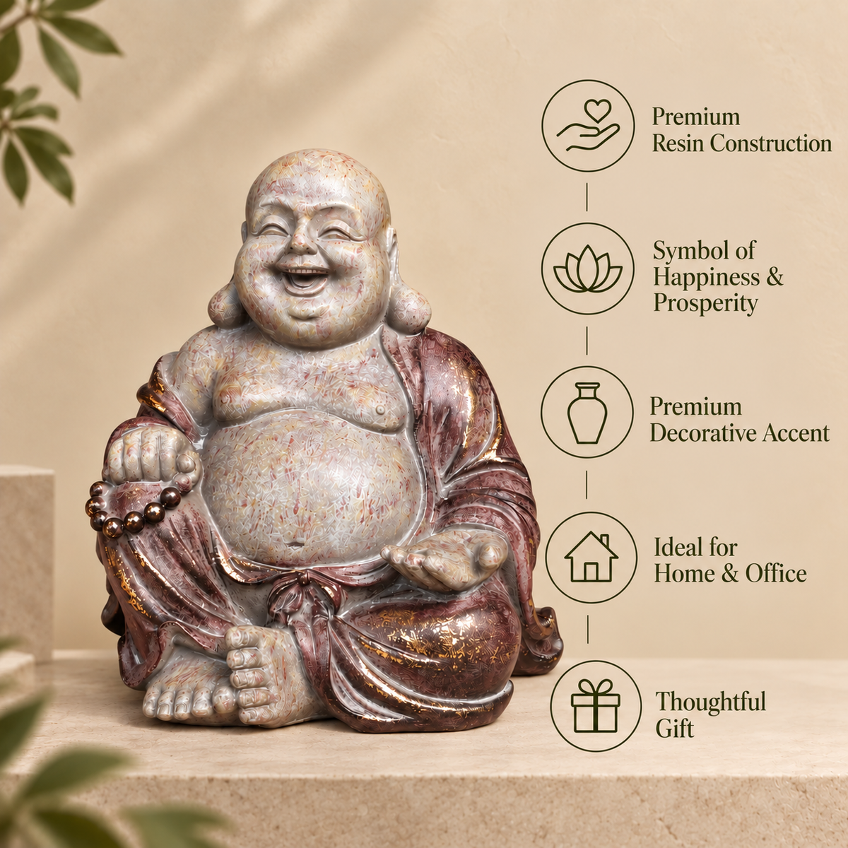 Laughing Buddha decorative sculpture with features infographic highlighting handcrafted finish, symbol of happiness and prosperity, premium decorative accent, ideal for home and office, and thoughtful gift for luxury home décor.