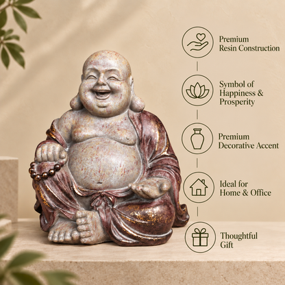 Laughing Buddha decorative sculpture with features infographic highlighting handcrafted finish, symbol of happiness and prosperity, premium decorative accent, ideal for home and office, and thoughtful gift for luxury home décor.