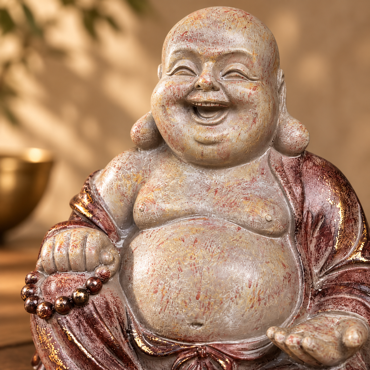 Close-up of handcrafted Laughing Buddha ceramic statue showcasing textured finish and smiling facial details.