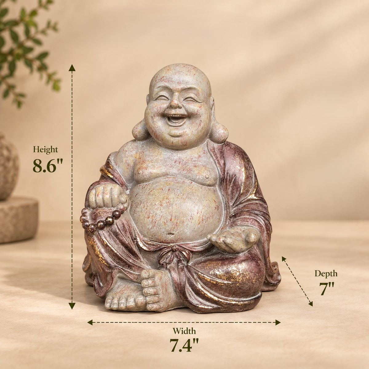 Dimensions guide for handcrafted Laughing Buddha decorative statue showing height, width, and depth measurements.