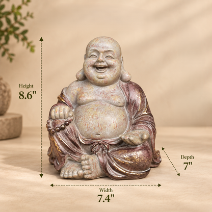 Dimensions guide for handcrafted Laughing Buddha decorative statue showing height, width, and depth measurements.