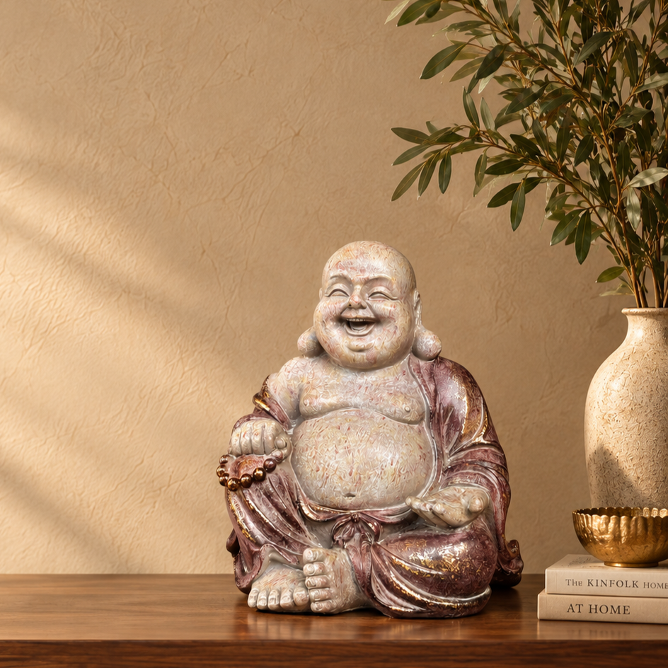 Premium handcrafted Laughing Buddha ceramic statue displayed on a walnut console with elegant beige luxury interior styling.