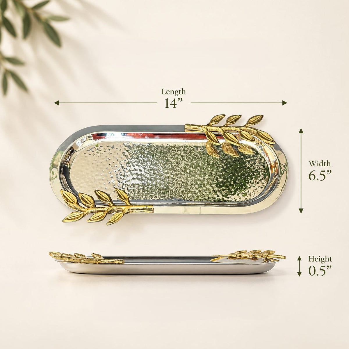 Leaf Handle Hammered Serving Tray with gold leaf handles showing dimensions of 14-inch length, 6.5-inch width, and 0.5-inch height.