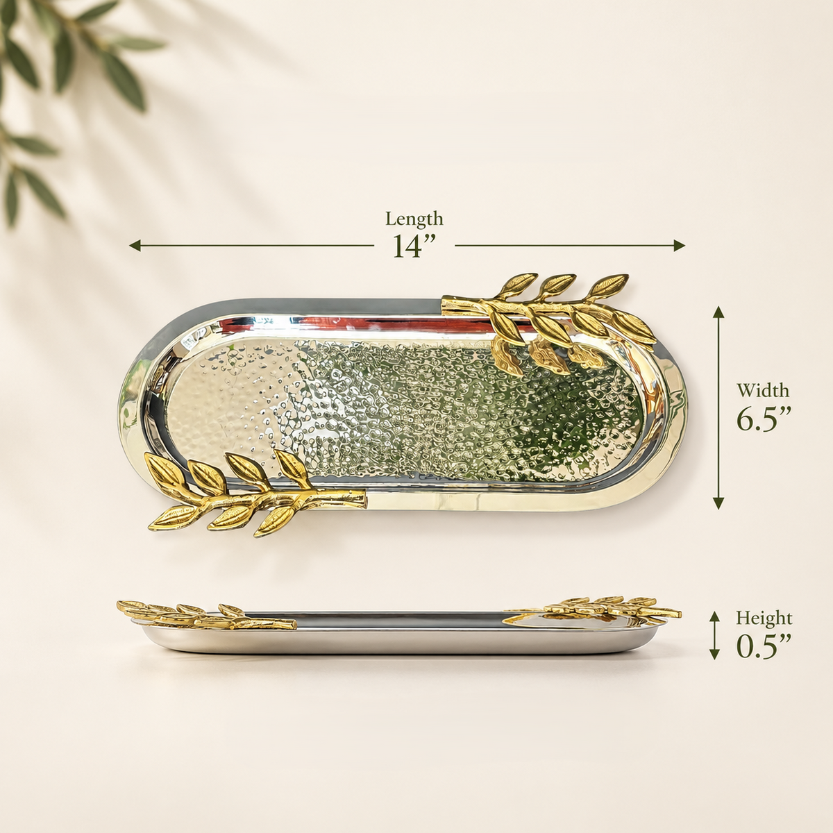 Leaf Handle Hammered Serving Tray with gold leaf handles showing dimensions of 14-inch length, 6.5-inch width, and 0.5-inch height.