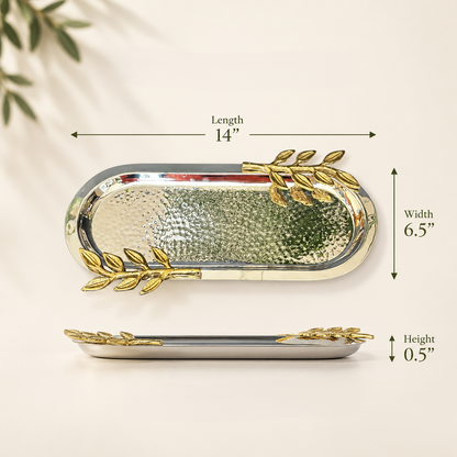 Leaf Handle Hammered Serving Tray with gold leaf handles showing dimensions of 14-inch length, 6.5-inch width, and 0.5-inch height.