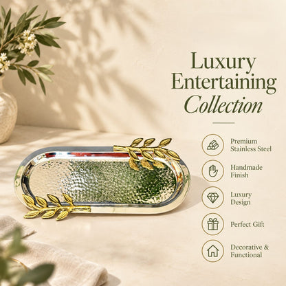 Leaf Handle Hammered Serving Tray with gold leaf handles from the Luxury Entertaining Collection, handcrafted hammered stainless steel serving tray for elegant serving, gifting, and home décor.