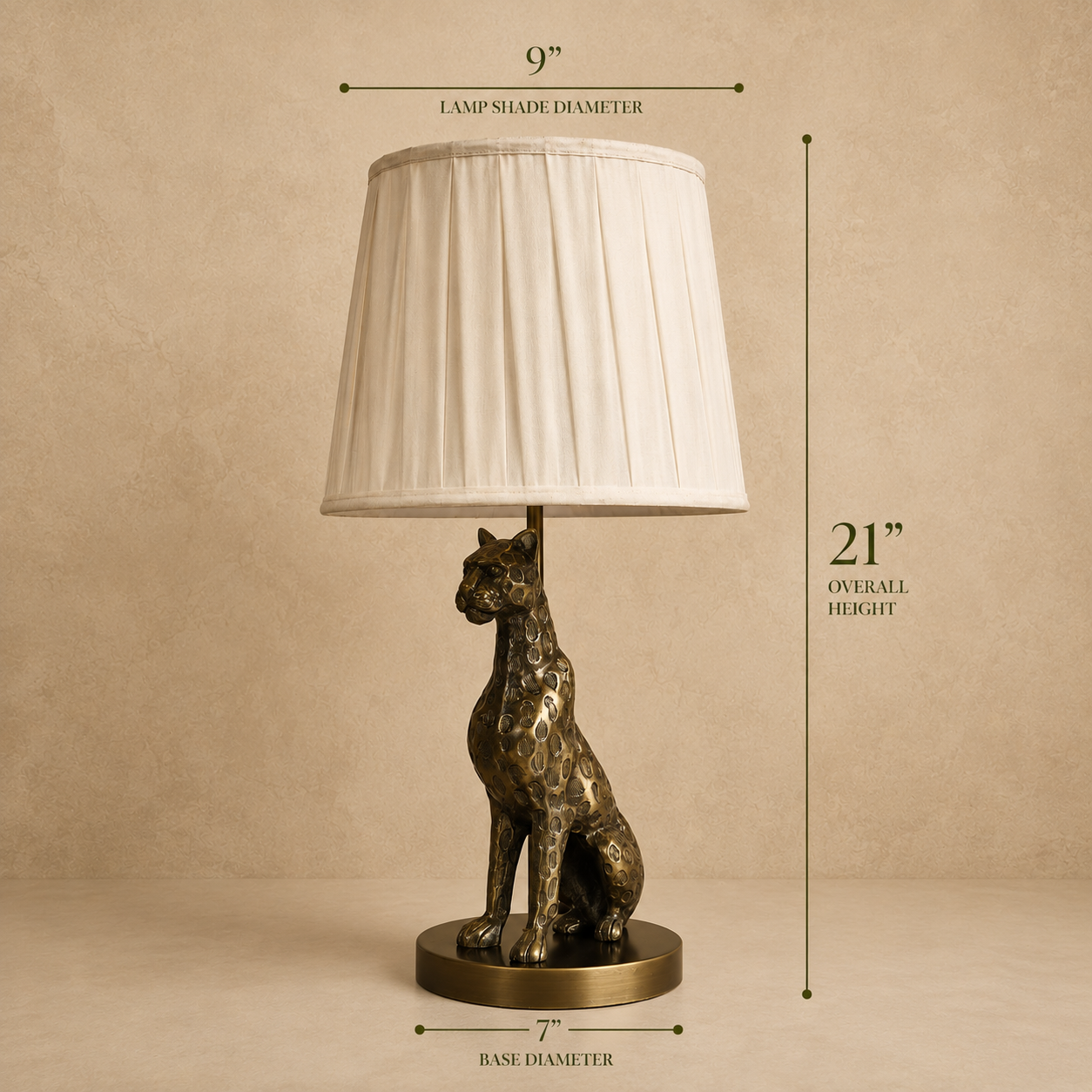 Dimension guide of the antique brass leopard table lamp showing 21-inch height, 9-inch lampshade diameter, and 7-inch base diameter.
