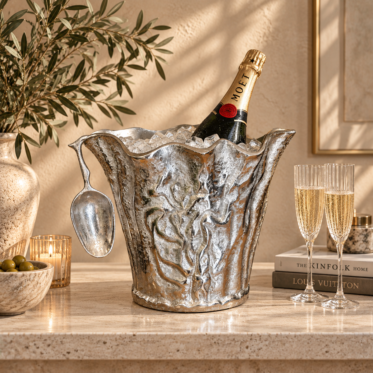 Luxury handcrafted aluminium wine and champagne ice bucket filled with ice and champagne bottle on a premium home bar with elegant décor.