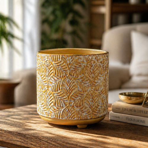 Textured Leaf Ceramic Footed Planter
