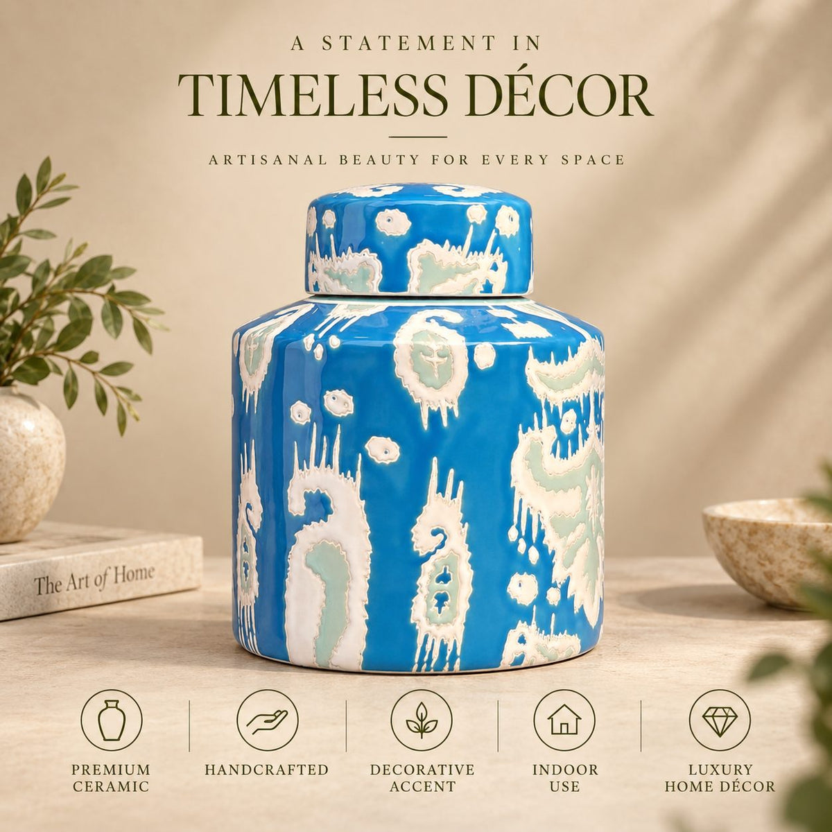 Luxury handcrafted blue ceramic decorative jar highlighting premium ceramic construction, artisan craftsmanship, and decorative home décor features.