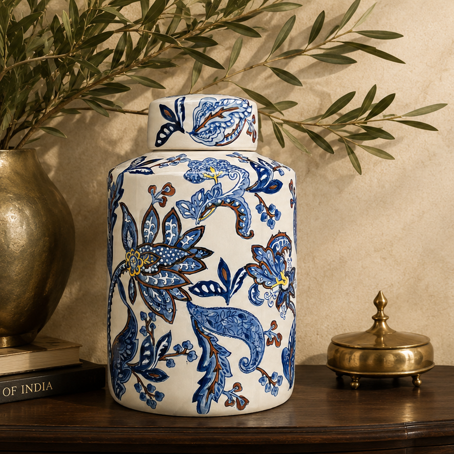 Luxury blue and white hand-painted ceramic decorative jar styled with olive branches and brass décor on a wooden console table.
