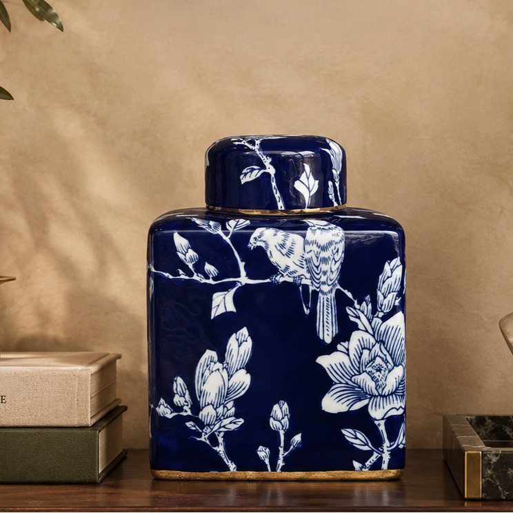 Elegant blue and white ceramic ginger jar displayed on a wooden console with candle, books, and classical sculpture in a luxury interior.
