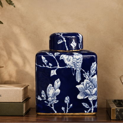 Elegant blue and white ceramic ginger jar displayed on a wooden console with candle, books, and classical sculpture in a luxury interior.