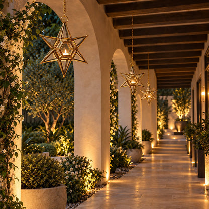 Elegant brass hanging star lanterns suspended along a luxury covered patio, illuminated with tealight candles for warm ambient décor.