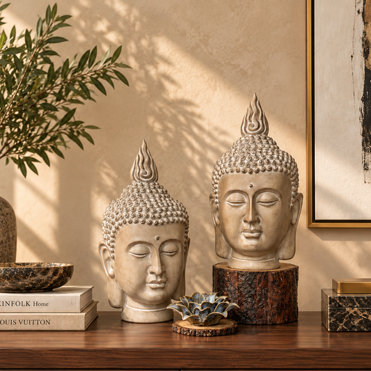 Luxury Buddha head sculptures styled on a walnut console with designer books and modern décor in a premium living room.