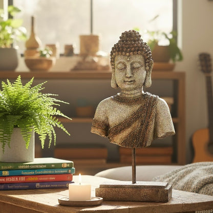 Decorative Buddha bust placed on a wooden surface alongside a green fern and books, creating a peaceful indoor atmosphere.