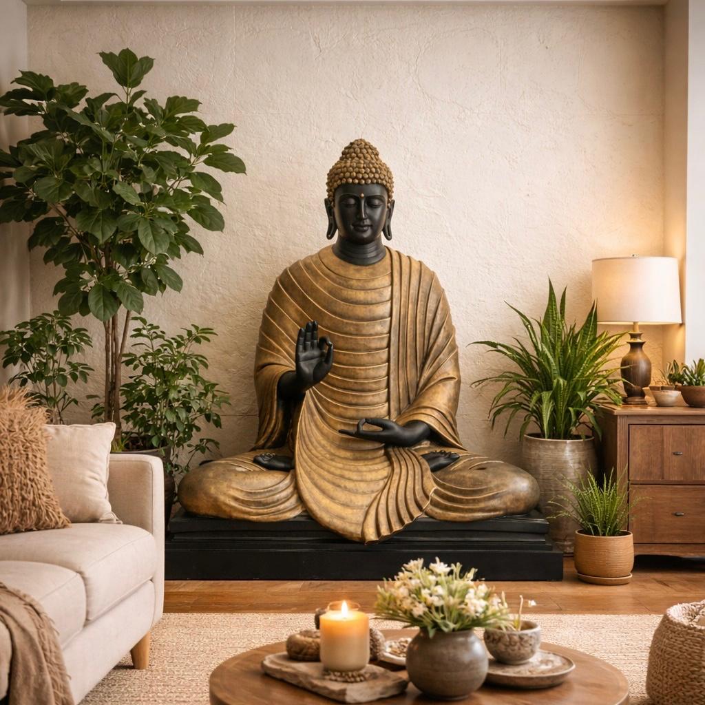Elegant gold and black Buddha statue in a cozy living room meditation corner styled with indoor plants, wooden sideboard, warm table lamp, and decorative candle on coffee table.