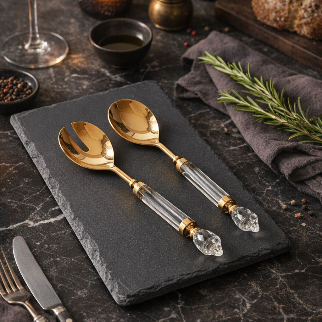 Luxury gold salad serving spoon and fork set with clear acrylic handles displayed on a black slate board, premium dining table setting with herbs and wine glass