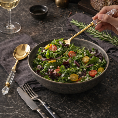 Luxury gold salad serving spoon and fork set with clear acrylic handles displayed on a black slate board, premium dining table setting with herbs and wine glass