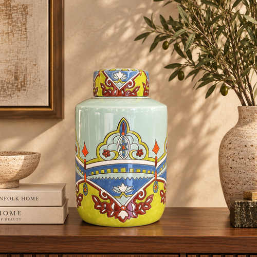 Luxury hand-painted ceramic ginger jar styled on a walnut console with modern home décor accessories, perfect for elegant living room decoration.