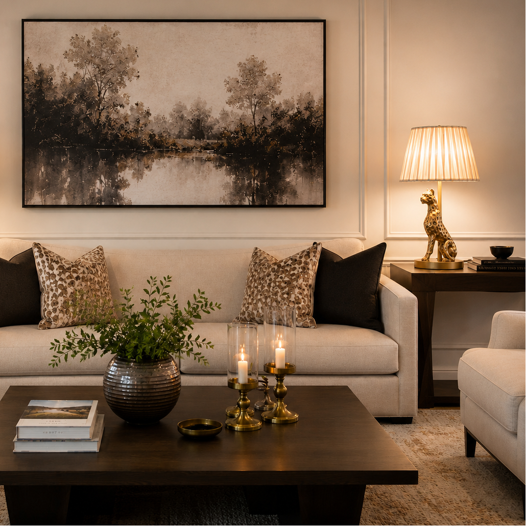 Luxury antique brass leopard table lamp with a pleated fabric shade styled on a wooden side table in an elegant living room featuring a beige sofa, modern wall art, and warm ambient lighting by Inara Home Decor.