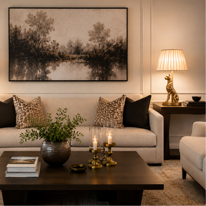 Luxury antique brass leopard table lamp with a pleated fabric shade styled on a wooden side table in an elegant living room featuring a beige sofa, modern wall art, and warm ambient lighting by Inara Home Decor.