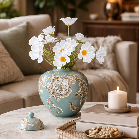 Editorial lifestyle shot of a teal paisley decorative jar used as a vase on a marble table, surrounded by a lit candle and books in a warm, modern living room.
