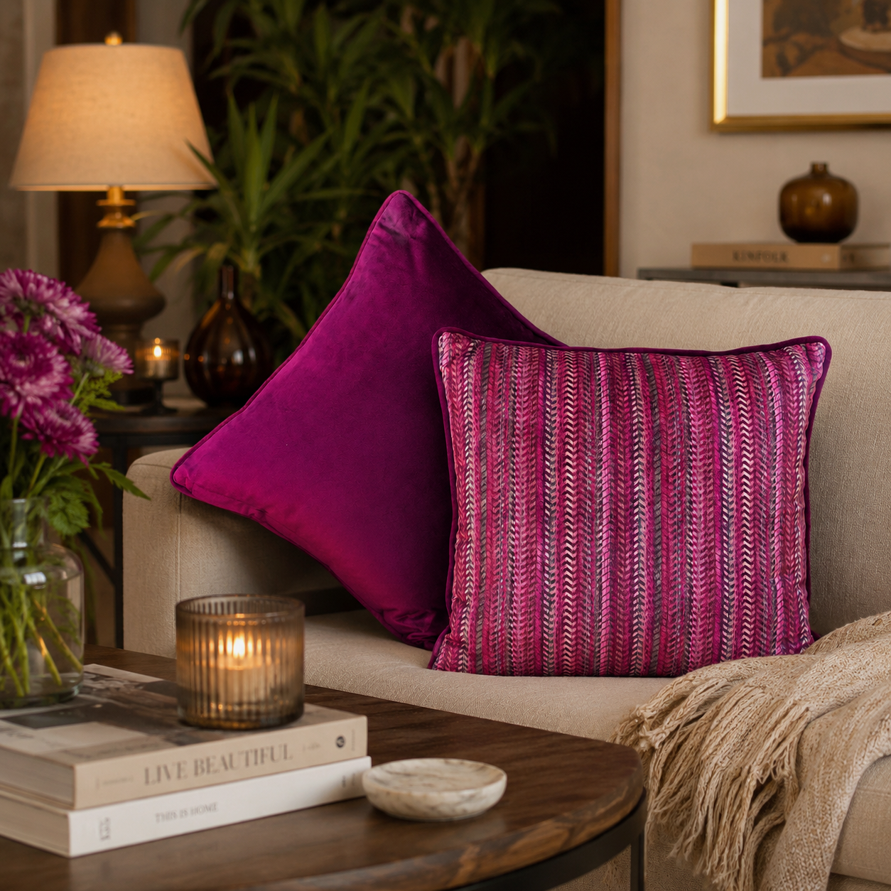 Luxury magenta cushion cover set with textured woven pattern styled on a beige sofa in an elegant living room by Inara Home Decor