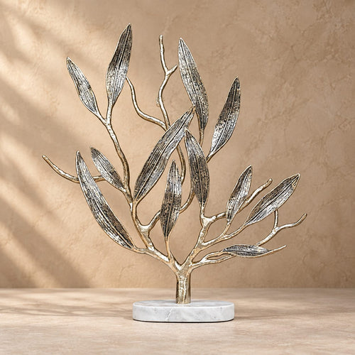 Luxury metal olive tree sculpture with a white marble base, modern decorative tabletop accent for living room, bedroom, or office décor.