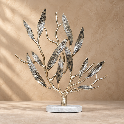 Luxury metal olive tree sculpture with a white marble base, modern decorative tabletop accent for living room, bedroom, or office décor.