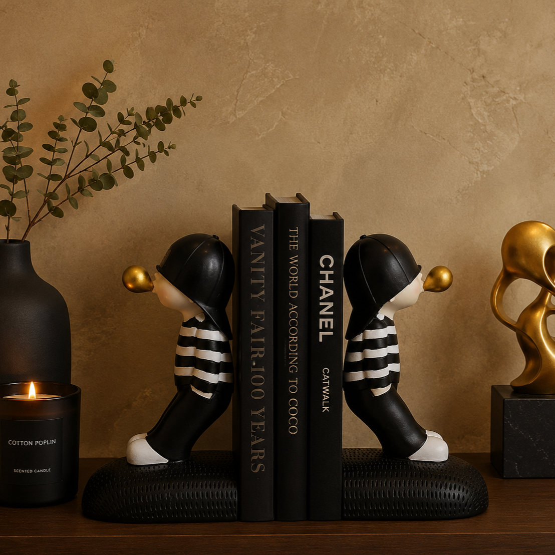 Boy bookends styled on a floating shelf with books and decor