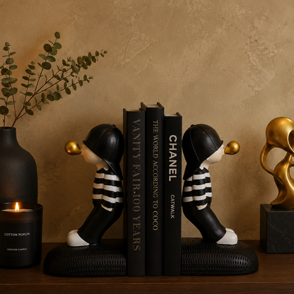 Boy bookends styled on a floating shelf with books and decor