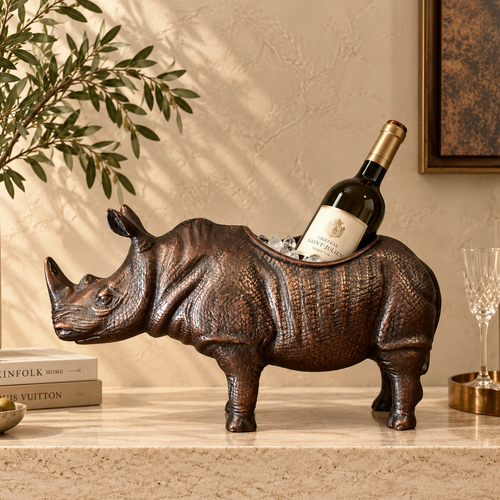 Luxury bronze rhinoceros wine chiller holding a wine bottle with ice on a premium home bar console by Inara Home Decor.