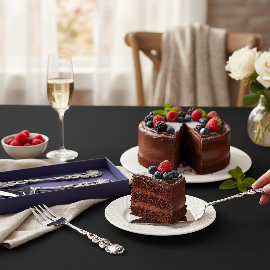 Luxury rose cake serving set in stainless steel with brass handles