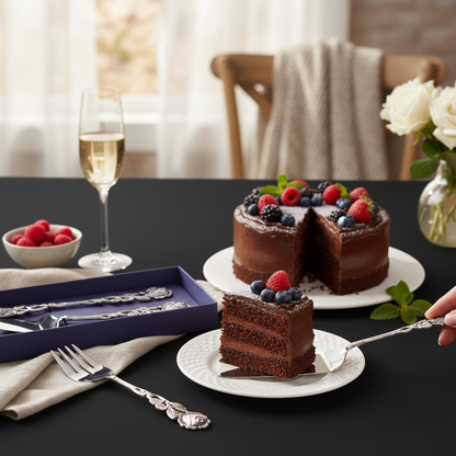 Luxury rose cake serving set in stainless steel with brass handles