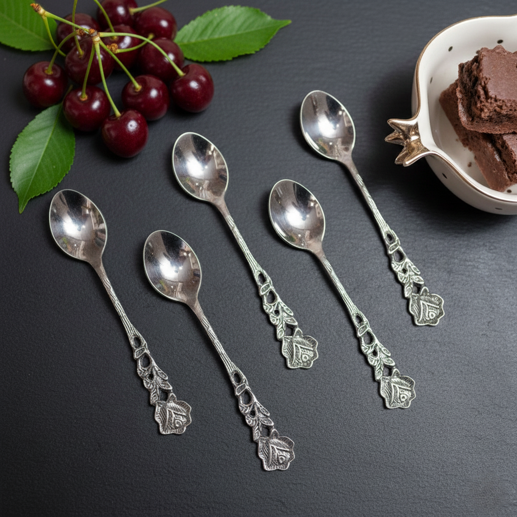 Five silver spoons with intricate rose detailing placed diagonally on a black slate surface next to fresh red cherries and a bowl of brownies.