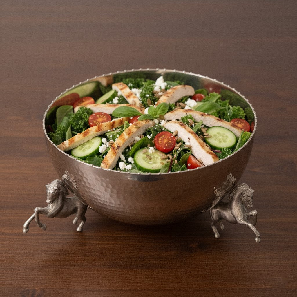 A premium silver-toned metal bowl with horse-shaped legs, filled with a fresh Mediterranean chicken salad and placed on a dark wooden tabletop.