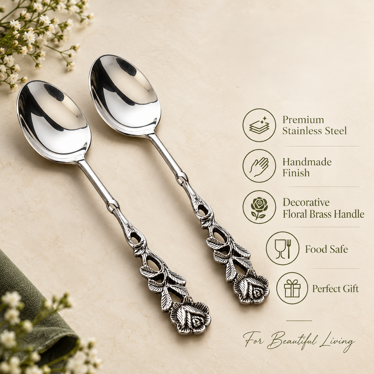 Premium stainless steel spoon set with decorative floral brass handles, showcasing elegant design, rust-resistant durability, and gift-worthy craftsmanship on a warm beige background by Inara Home Decor.