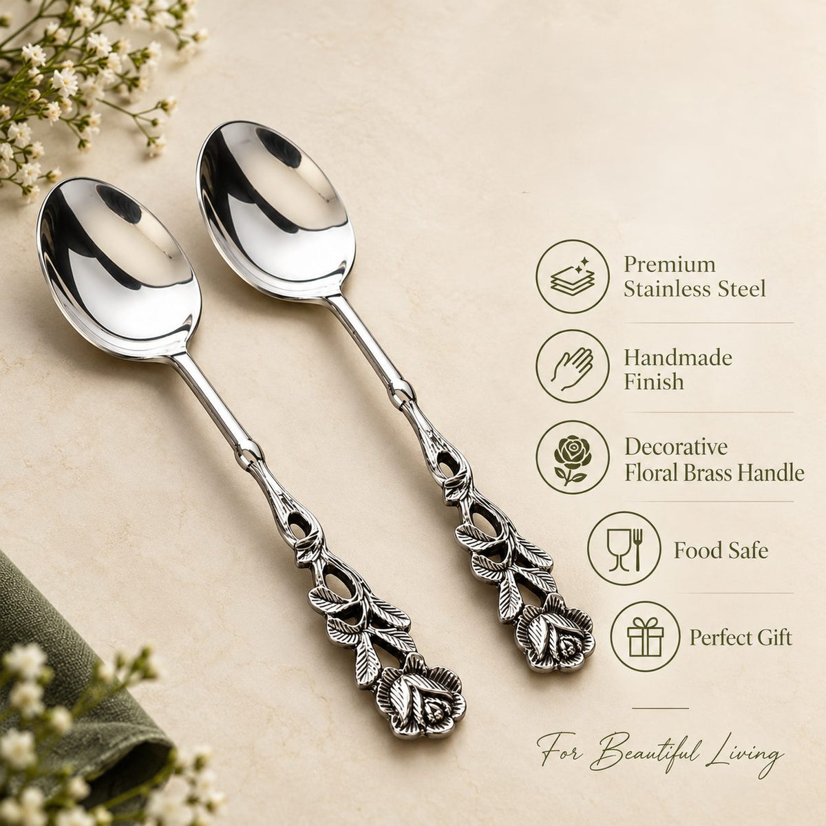 Premium stainless steel spoon set with decorative floral brass handles, showcasing elegant design, rust-resistant durability, and gift-worthy craftsmanship on a warm beige background by Inara Home Decor.