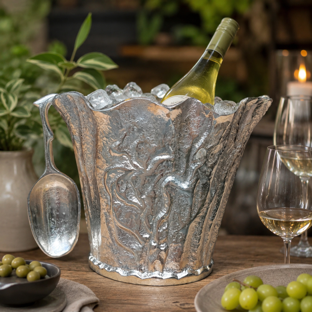 Luxury textured metal wine chiller ice bucket with ice and wine bottle, styled on a rustic wooden table for elegant home bar and entertaining decor.
