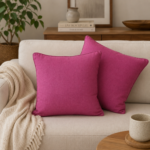 Pink linen cushion cover 16x16 displayed on a beige sofa in a modern living room, adding a vibrant and elegant touch to home decor by Inara Home Decor.