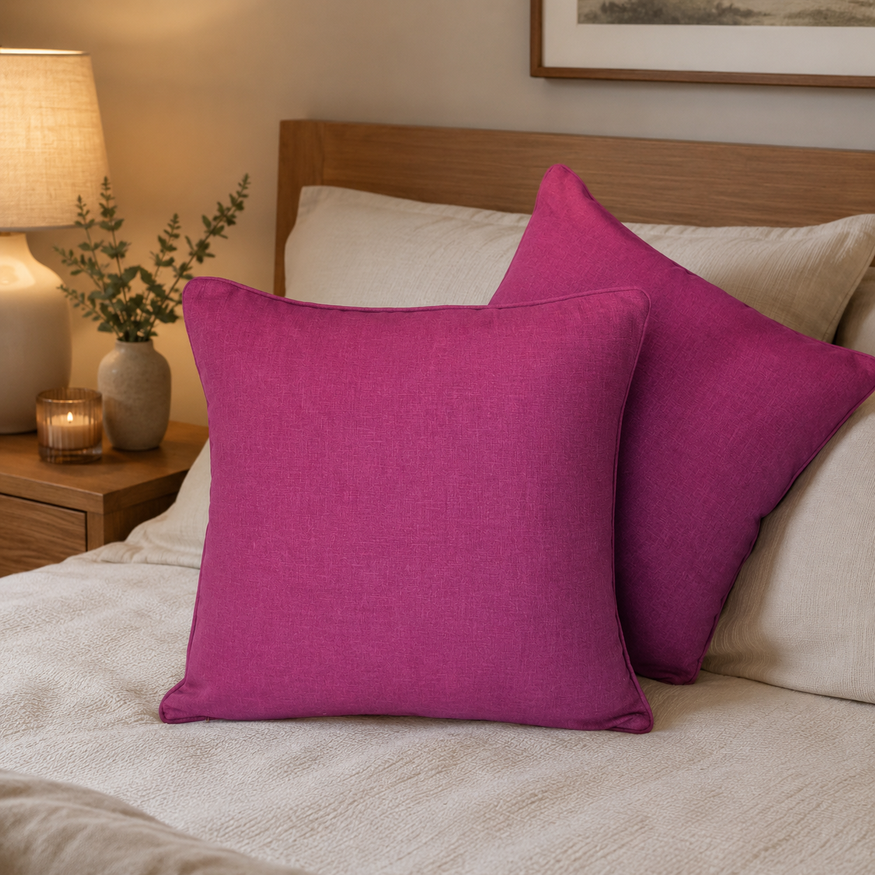 Magenta Linen Cushion Cover 16x16 styled on a cream bed in a modern bedroom, adding a vibrant and elegant touch to luxury home décor.