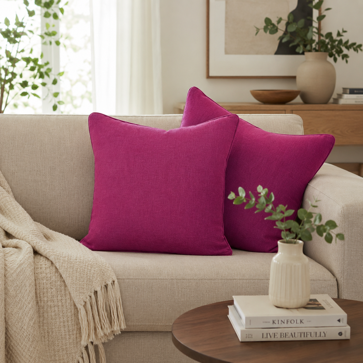 Magenta solid cotton linen cushion cover styled on a beige sofa in a modern living room, adding a vibrant and elegant accent to contemporary home décor.