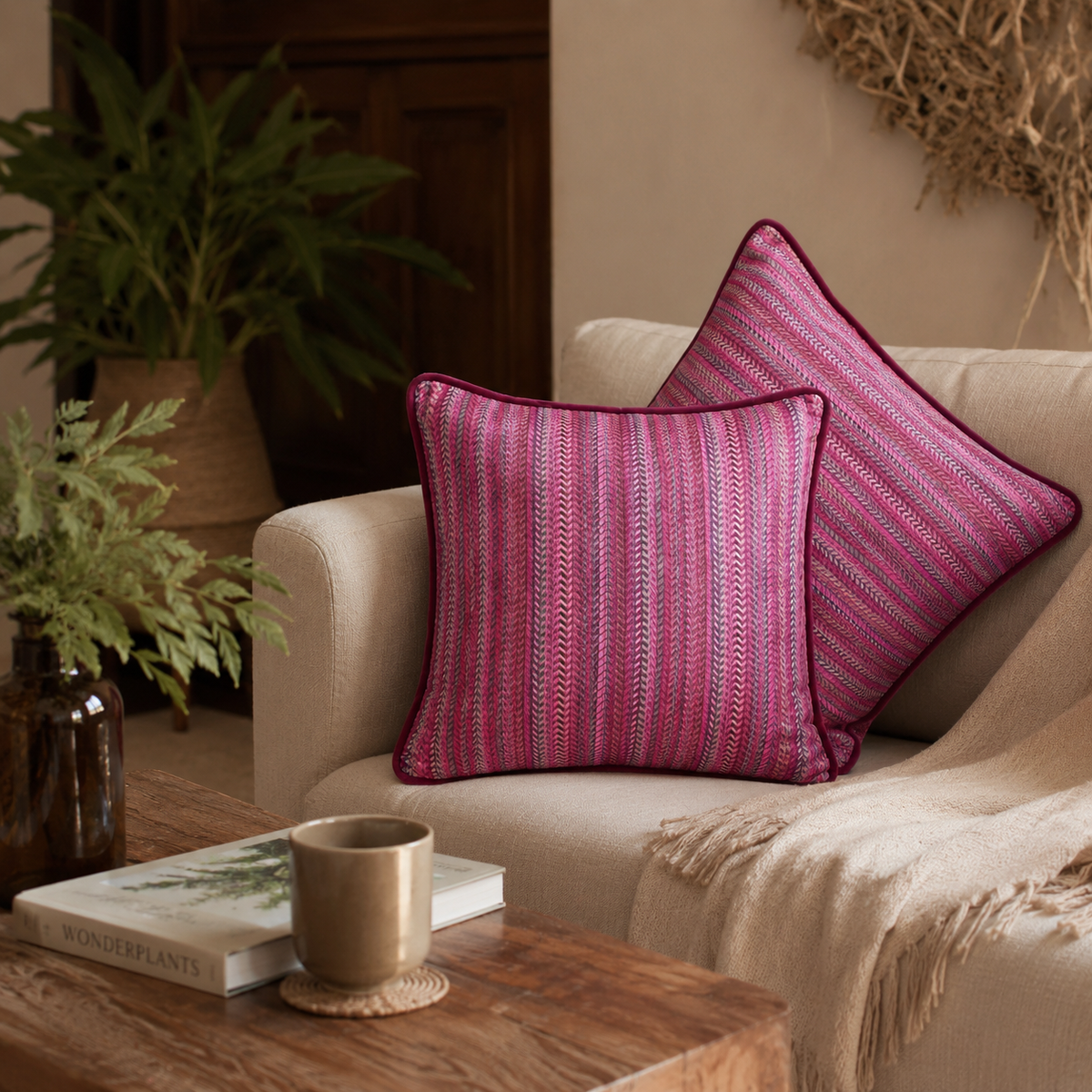 Pink chevron textured decorative cushion covers styled on a beige sofa in a luxury living room with wooden coffee table and indoor plants