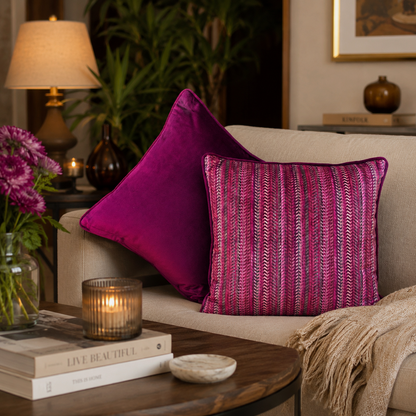Luxury magenta cushion cover set with textured woven pattern styled on a beige sofa in an elegant living room by Inara Home Decor