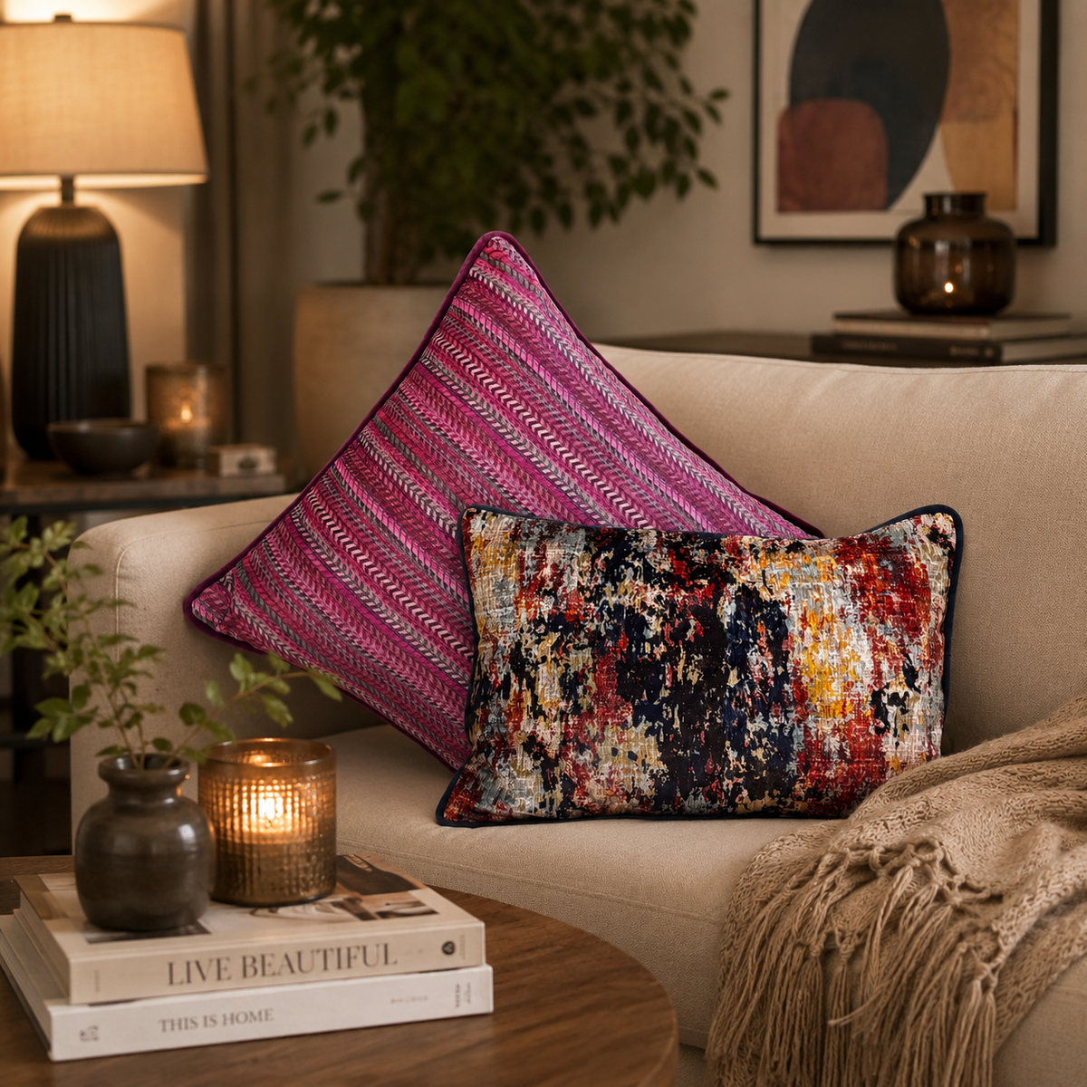 Luxury magenta decorative cushion set styled on a beige sofa in an elegant living room with modern home décor accents