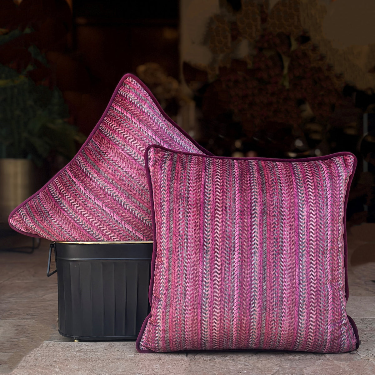 Magenta Zig Zag  Velvet Cushion Cover 16 x 16 – texture and finish detail | INARA