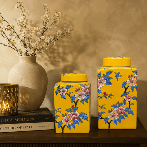 Marigold Blossom Hand-Painted Ceramic Jar – A radiant statement piece that brings vibrance, artistry, and cultural charm into your home | INARA